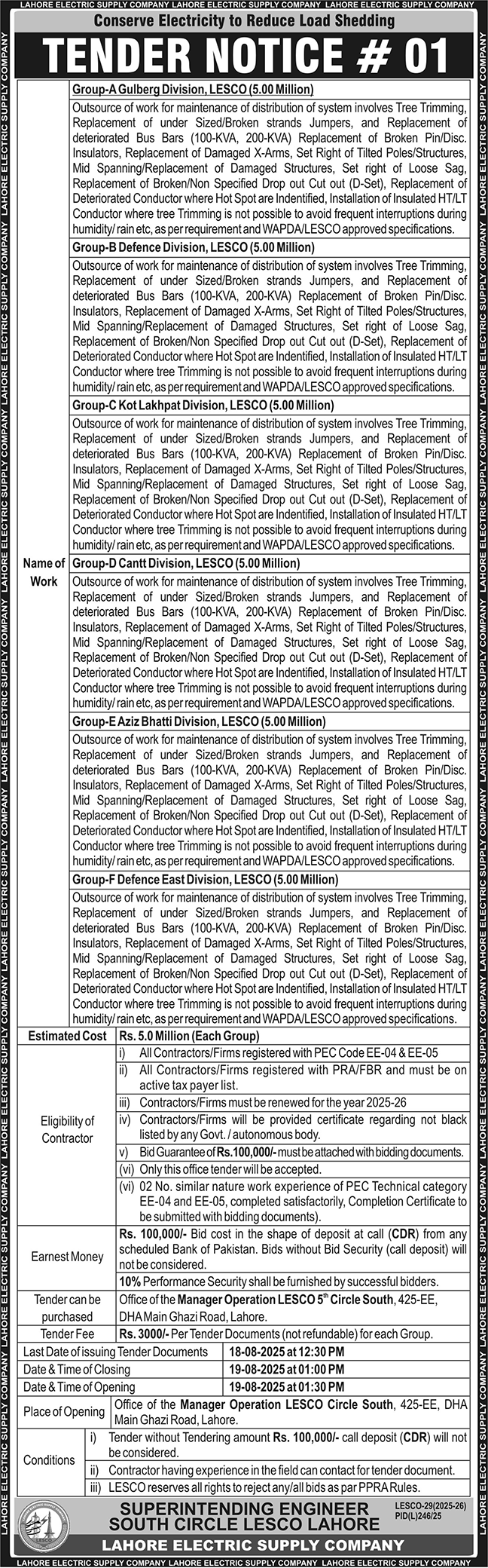 Lahore Electric Supply Company Lahore Tender Notice